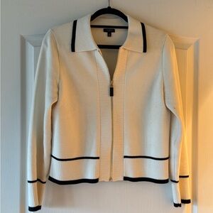Talbots Cream Zip-Front Cardigan with Black Trim